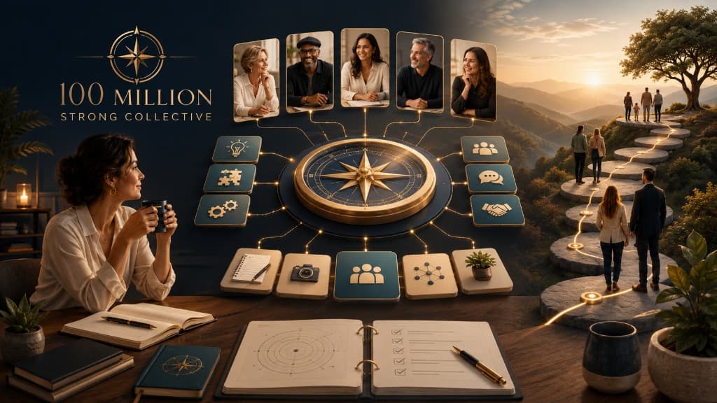 100 Million Strong Collective graphic with gold compass and community path