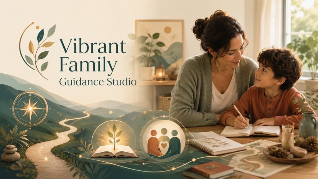 Vibrant Family Guidance Studio graphic with family learning scene