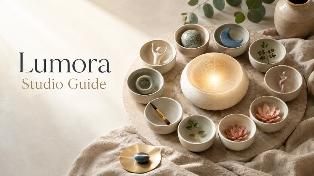 Lumora Studio Guide graphic with a ring of ceramic bowls around a glowing center
