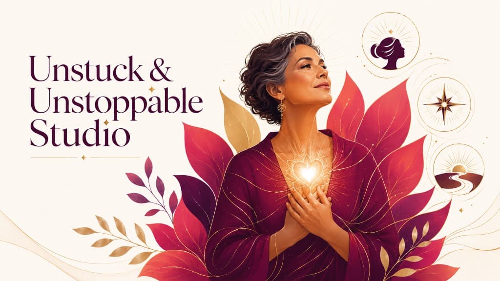 Unstuck & Unstoppable Studio graphic with a woman and floral gold accents