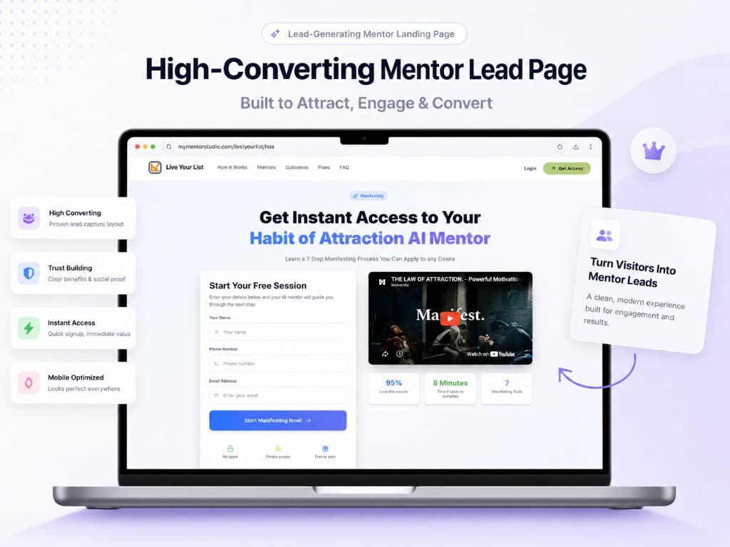 High-converting Mentor lead page mockup with signup form, video, and social proof