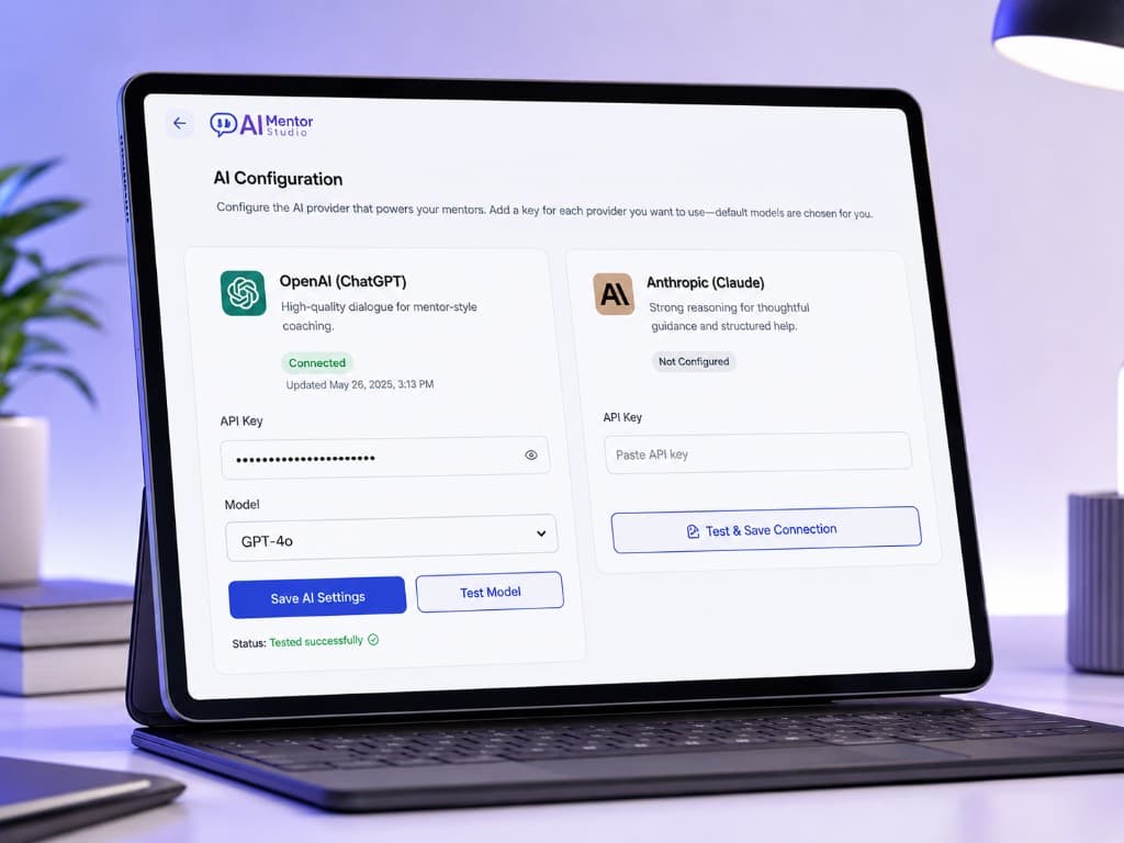 AI configuration for bring-your-own OpenAI and Anthropic credentials and supported model choice.