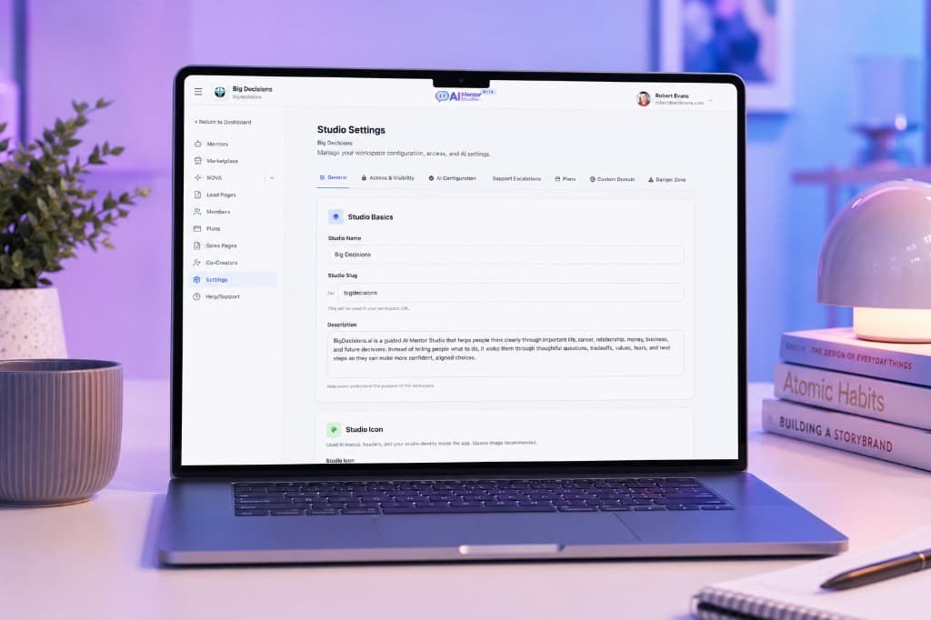 Studio Settings for brand, visibility, AI configuration, and workspace identity.