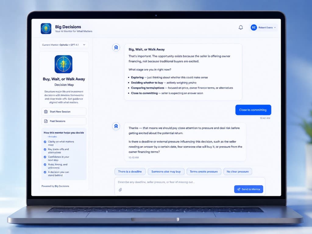 Guided AI Mentor conversation showing structured questions and response choices.