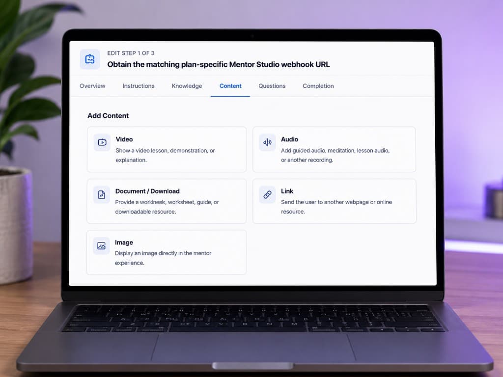 Mentor Studio Step Content editor for adding video, audio, documents, links, and images to a Mentor step.