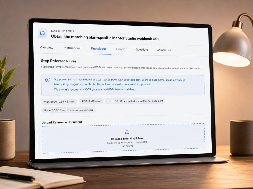 Mentor Studio step knowledge editor for uploading reference documents.