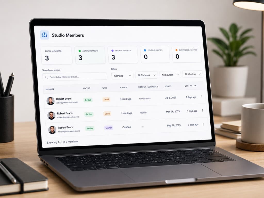 Mentor Studio member management dashboard showing leads, plans, and access status.
