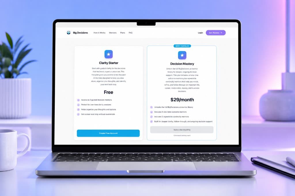 Customer-facing Studio access plans for Big Decisions, configured by the creator for their own audience.